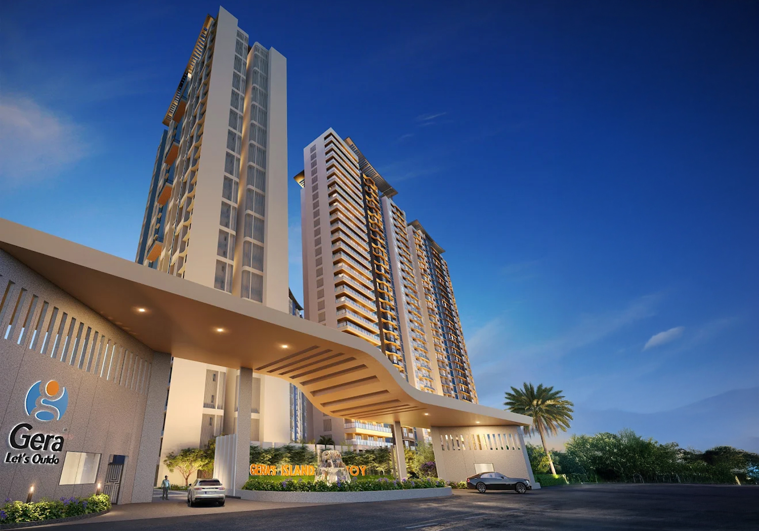 Exterior view of Gera's Island of Joy &mdash; photo gallery, images, brochure, amenities, cost sheet, price breakup, availability details, RERA number, RERA certificate, possession date, layout plan, logo, floor plan, master plan, and location map showcasing project highlights and features.
