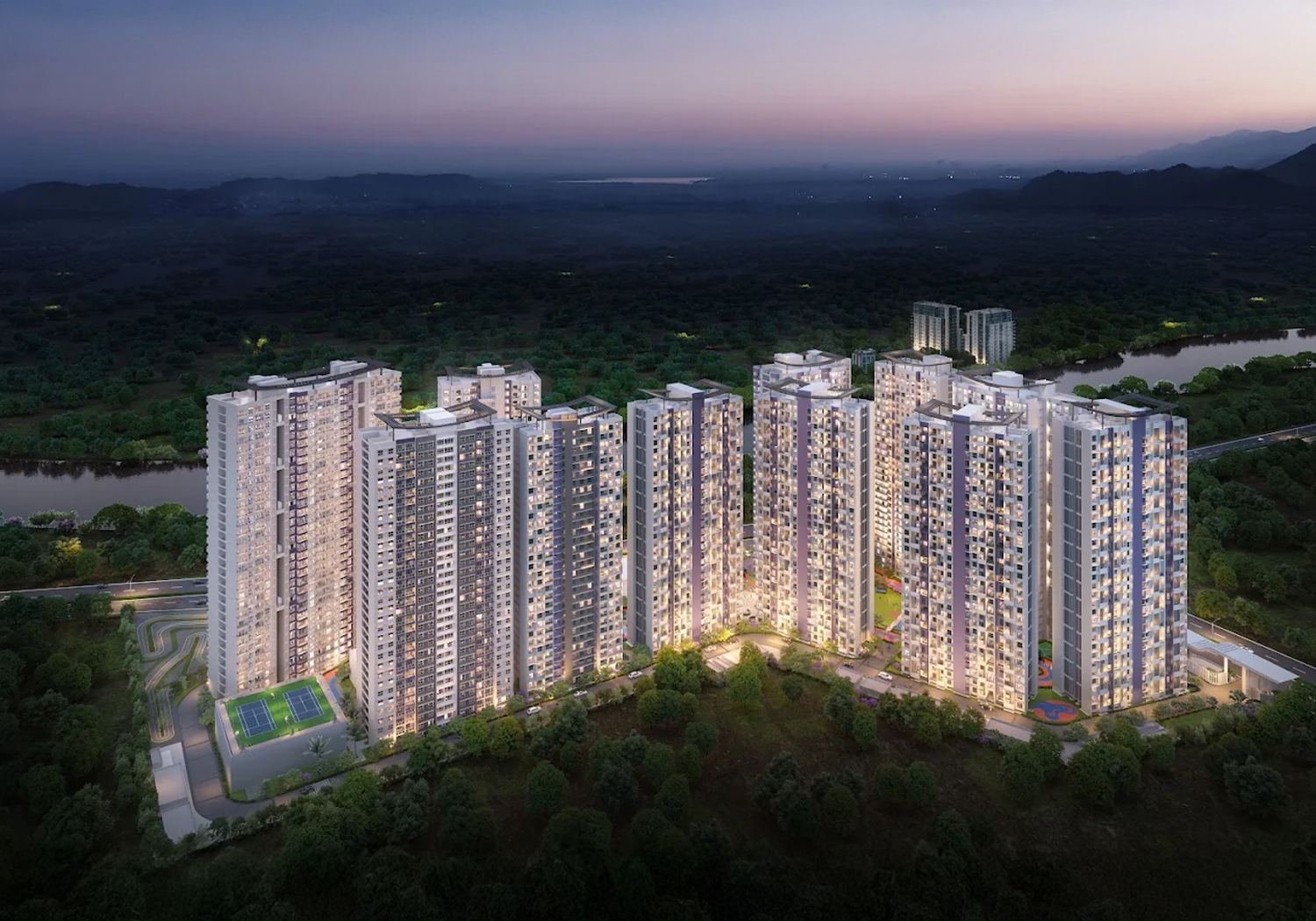 Exterior view of Gera's Island of Joy &mdash; photo gallery, images, brochure, amenities, cost sheet, price breakup, availability details, RERA number, RERA certificate, possession date, layout plan, logo, floor plan, master plan, and location map showcasing project highlights and features.