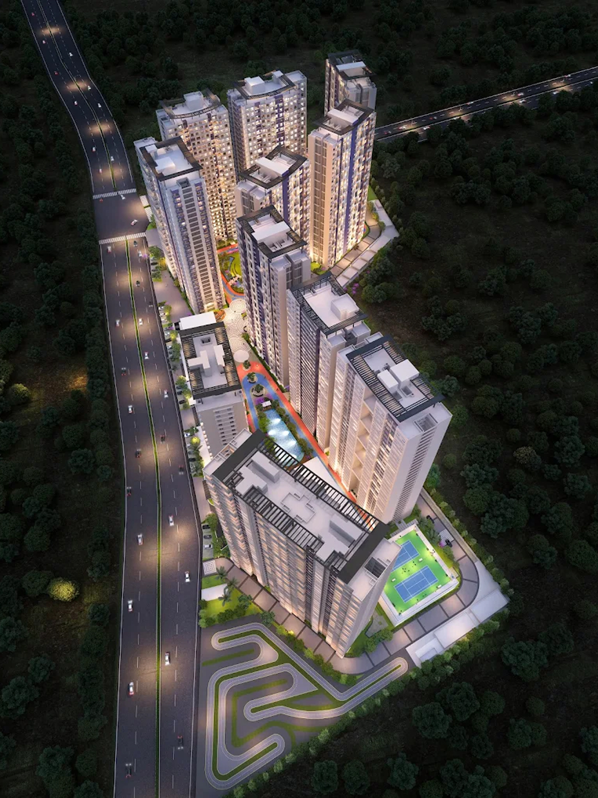 Exterior view of Gera's Island of Joy &mdash; photo gallery, images, brochure, amenities, cost sheet, price breakup, availability details, RERA number, RERA certificate, possession date, layout plan, logo, floor plan, master plan, and location map showcasing project highlights and features.